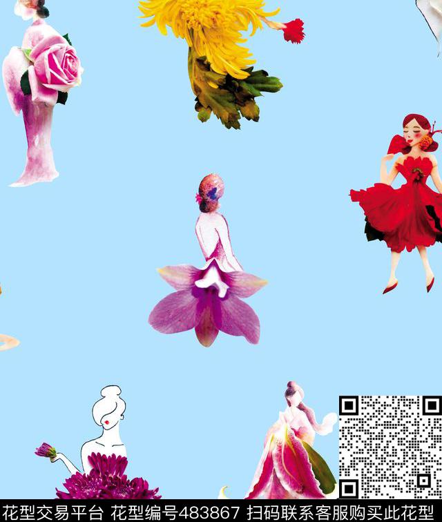 流行时尚欧美手绘如花女人数码印花华亿平台下载（图片编号: 483867） - 瓦栏（Walan）