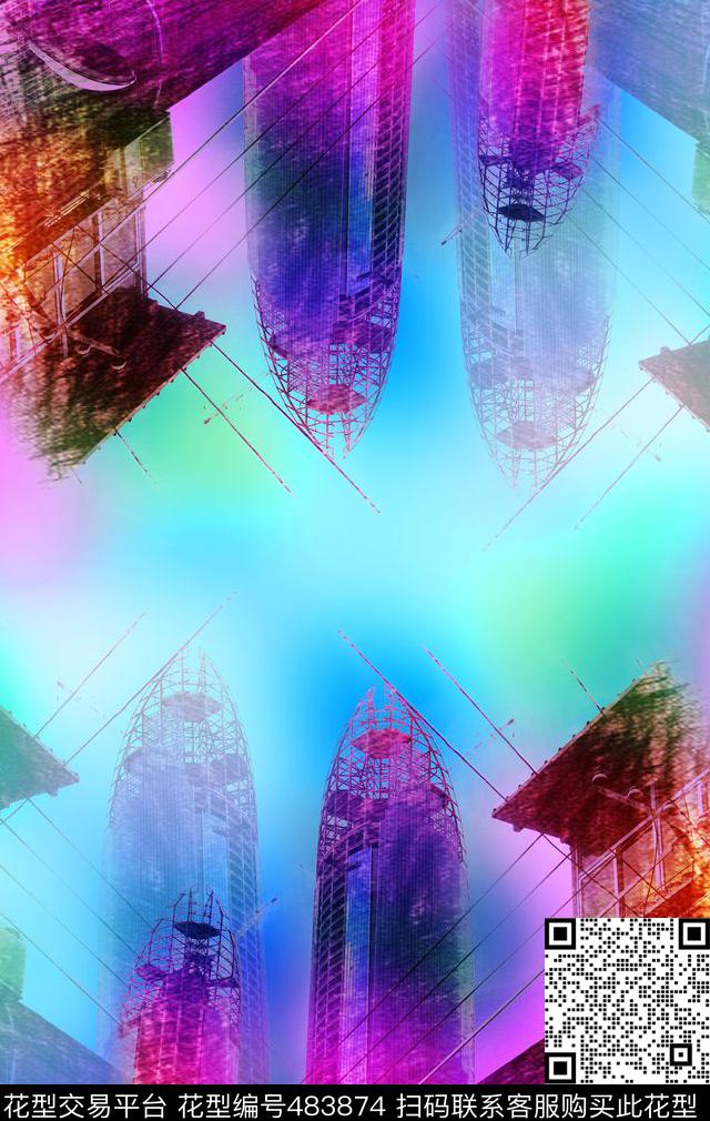 手绘水彩建筑数码印花华亿平台下载（图片编号: 483874） - 瓦栏（Walan）