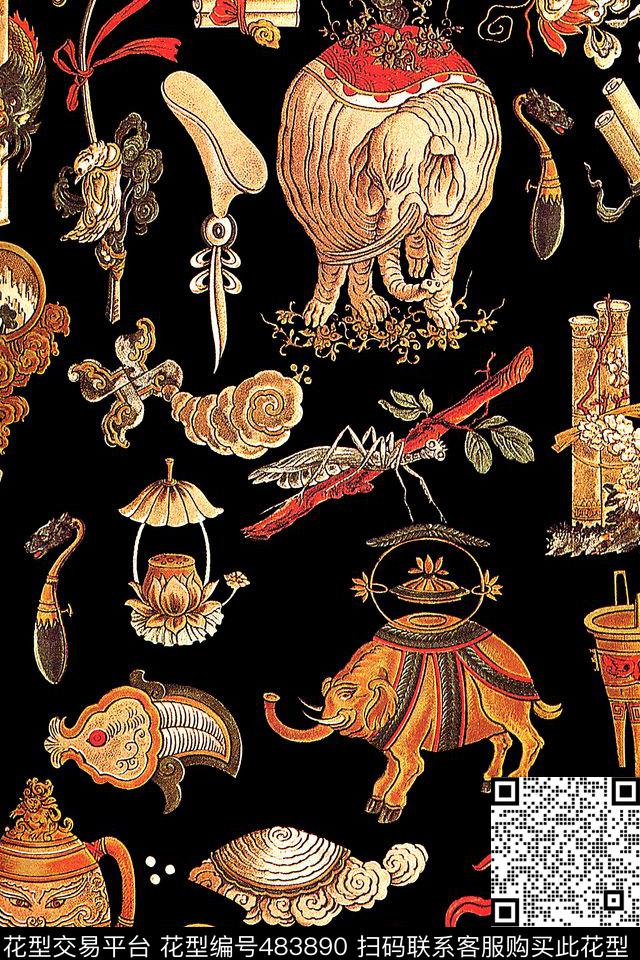 时尚手绘动物数码印花华亿平台下载（图片编号: 483890） - 瓦栏（Walan）