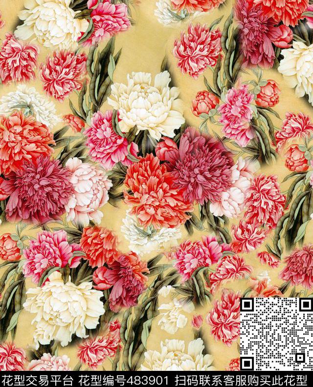 花卉牡丹抽象数码印花华亿平台下载（图片编号: 483901） - 瓦栏（Walan）