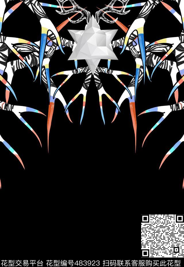 潮流时尚定位手绘鹿角数码印花华亿平台下载（图片编号: 483923） - 瓦栏（Walan）