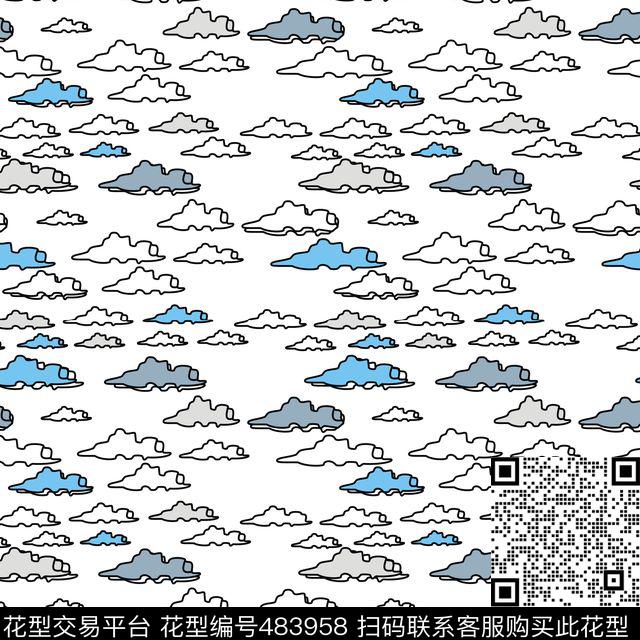 色块云朵云朵线描传统印花华亿平台下载（图片编号: 483958） - 瓦栏（Walan）