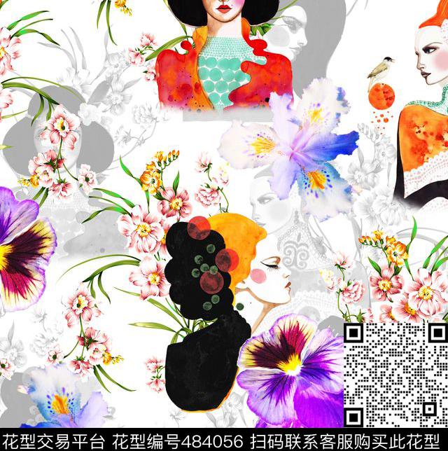 流行时尚欧美手绘人物花卉数码印花华亿平台下载（图片编号: 484056） - 瓦栏（Walan）