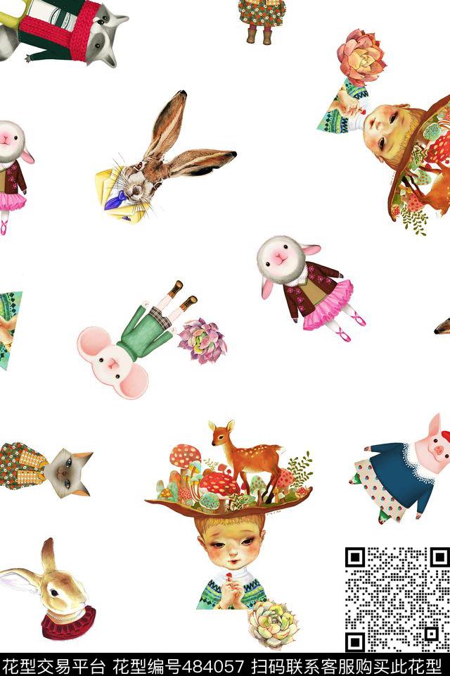 手绘小动物清新数码印花华亿平台下载（图片编号: 484057） - 瓦栏（Walan）