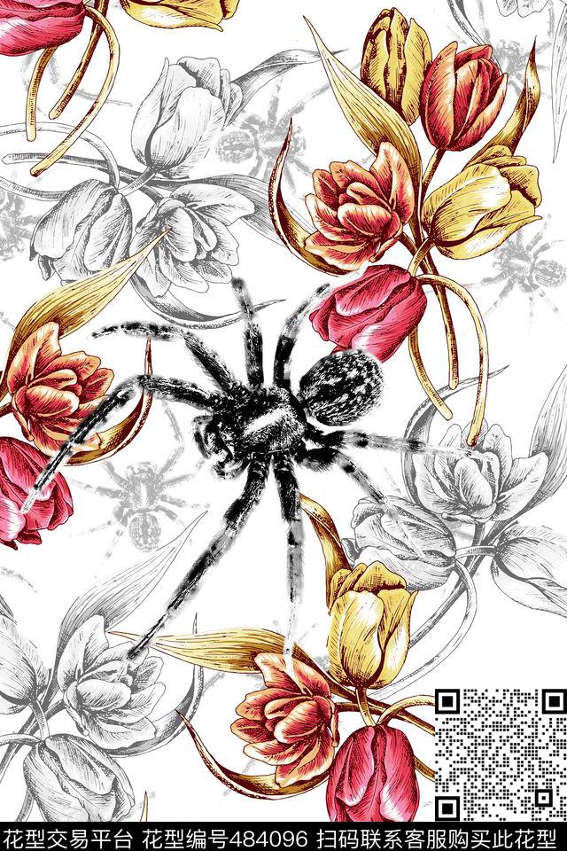 手绘欧美男装女装时尚手绘花卉郁金香蜘蛛动物昆虫大牌走秀H【抽象】数码印花华亿平台下载（图片编号: 484096） - 瓦栏（Walan）