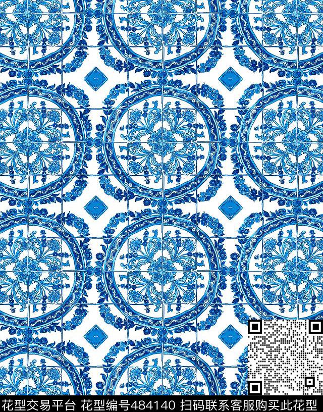 民族风欧美手绘大牌青花瓷数码印花华亿平台下载（图片编号: 484140） - 瓦栏（Walan）