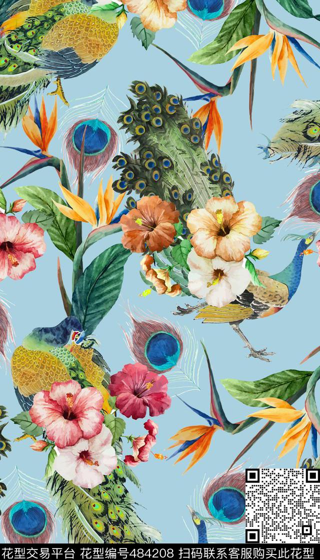 热带风情孔雀天堂鸟数码印花华亿平台下载（图片编号: 484208） - 瓦栏（Walan）
