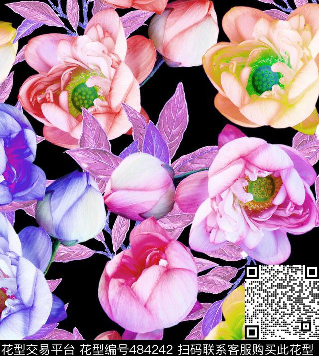 流行时尚手绘荷花欧美数码印花华亿平台下载（图片编号: 484242） - 瓦栏（Walan）