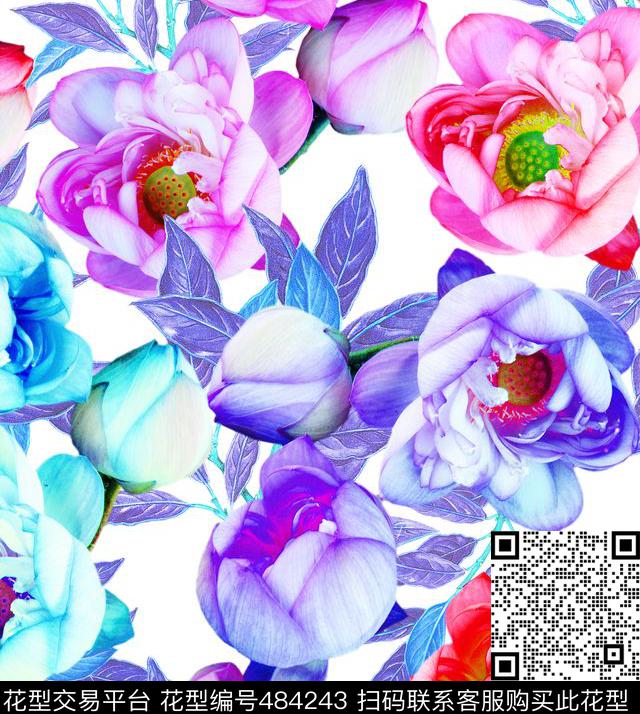 流行时尚手绘荷花欧美数码印花华亿平台下载（图片编号: 484243） - 瓦栏（Walan）