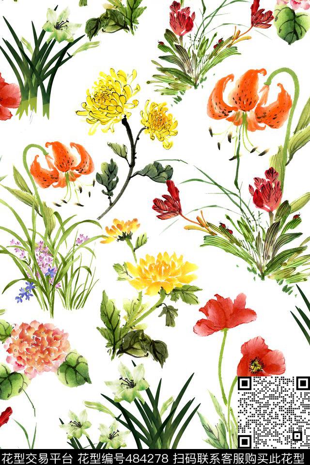 花朵花卉大花数码印花华亿平台下载（图片编号: 484278） - 瓦栏（Walan）