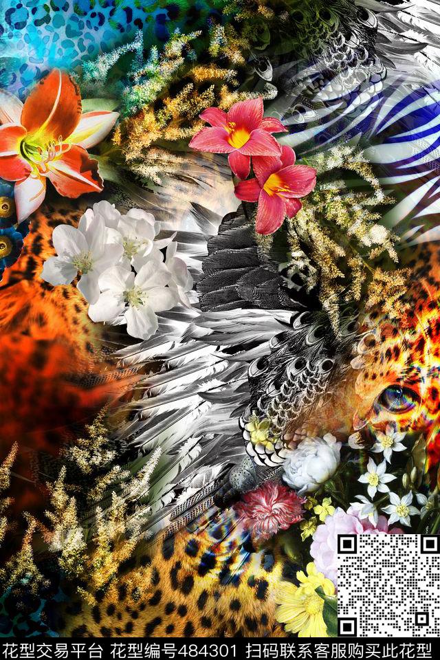 花卉时尚数码羽毛豹纹数码印花华亿平台下载（图片编号: 484301） - 瓦栏（Walan）