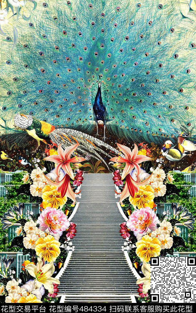 大牌孔雀花卉数码印花华亿平台下载（图片编号: 484334） - 瓦栏（Walan）