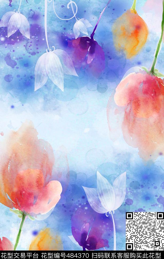 手绘百合水彩数码印花华亿平台下载（图片编号: 484370） - 瓦栏（Walan）