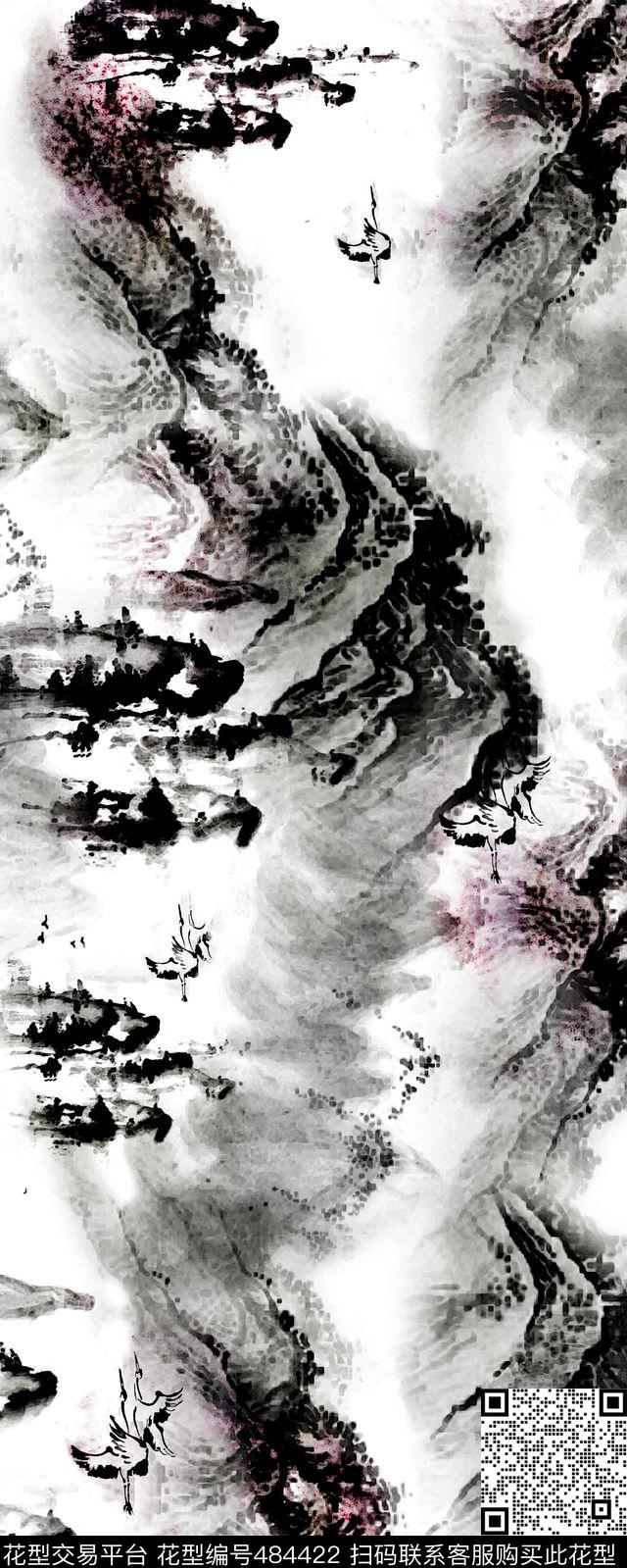山水水墨中国风数码印花华亿平台下载（图片编号: 484422） - 瓦栏（Walan）