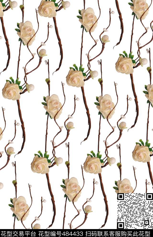 时尚花卉枝条数码印花华亿平台下载（图片编号: 484433） - 瓦栏（Walan）