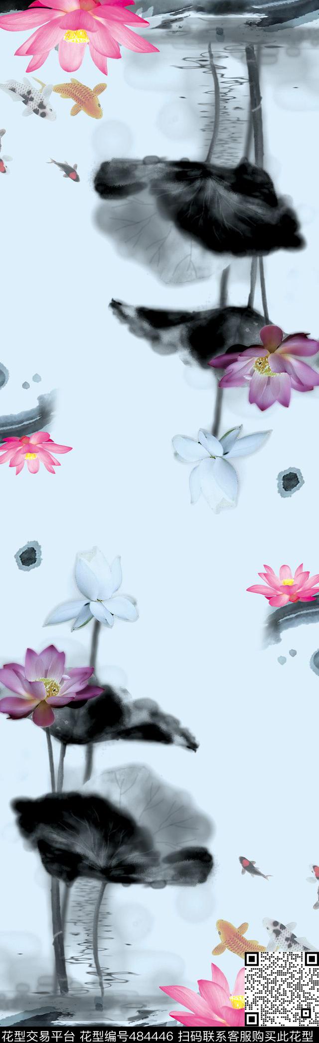 简单大方长丝巾水墨荷华中国风数码印花华亿平台下载（图片编号: 484446） - 瓦栏（Walan）