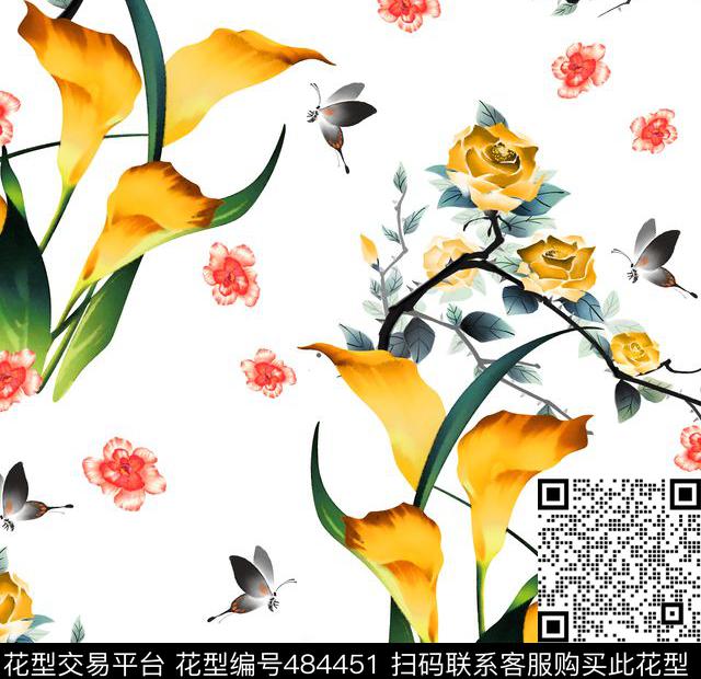 花卉中国风手绘数码印花华亿平台下载（图片编号: 484451） - 瓦栏（Walan）