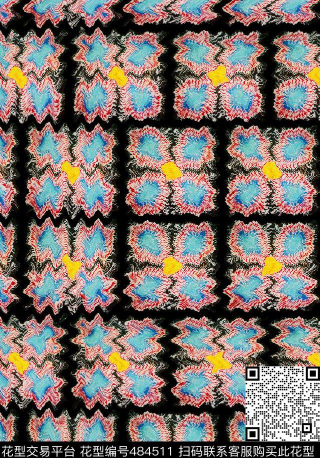 抽象花几何数码印花华亿平台下载（图片编号: 484511） - 瓦栏（Walan）