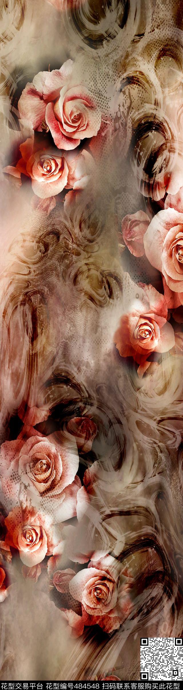 花卉玫瑰写意数码印花华亿平台下载（图片编号: 484548） - 瓦栏（Walan）