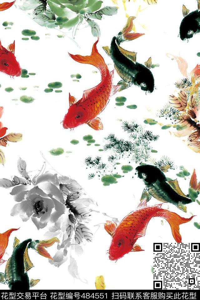 中国风古典花卉鱼手绘复古中国风鱼牡丹花卉时尚大牌H【抽象】数码印花华亿平台下载（图片编号: 484551） - 瓦栏（Walan）