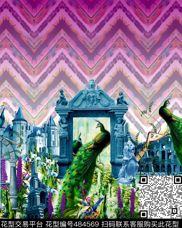 欧式建筑孔雀几何条纹数码印花华亿平台下载（图片编号: 484569） - 瓦栏（Walan）