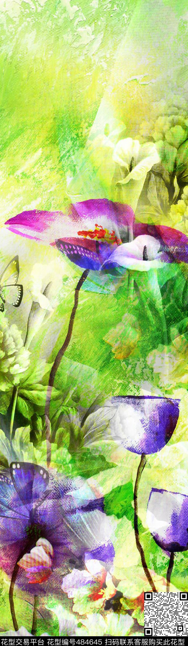 荷花蝴蝶花卉数码印花华亿平台下载（图片编号: 484645） - 瓦栏（Walan）