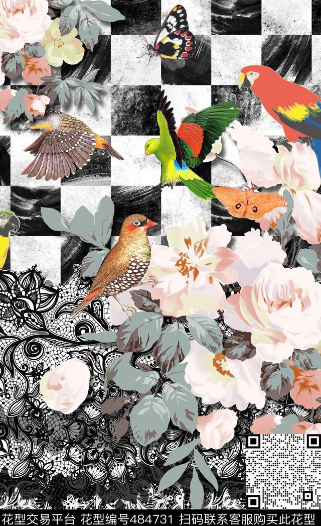 潮流时尚定位黑白格子立体蕾丝花边数码印花华亿平台下载（图片编号: 484731） - 瓦栏（Walan）