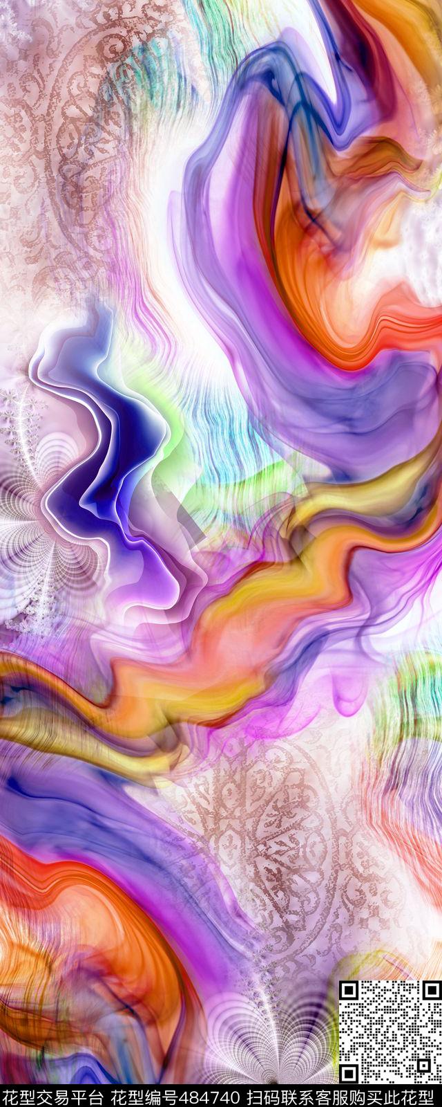 抽象曲线花卉数码印花华亿平台下载（图片编号: 484740） - 瓦栏（Walan）