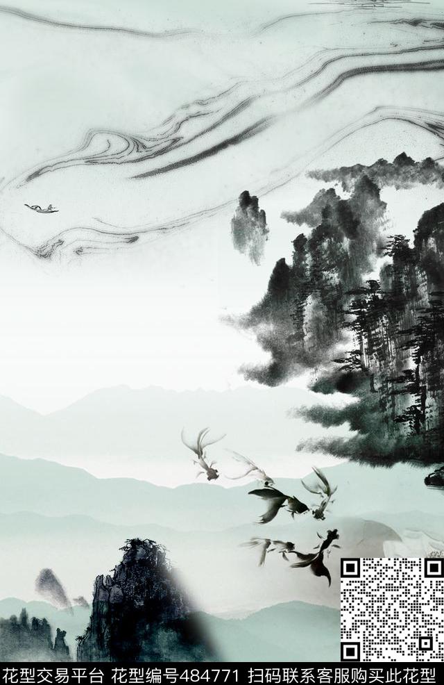 山水水墨意境传统印花华亿平台下载（图片编号: 484771） - 瓦栏（Walan）