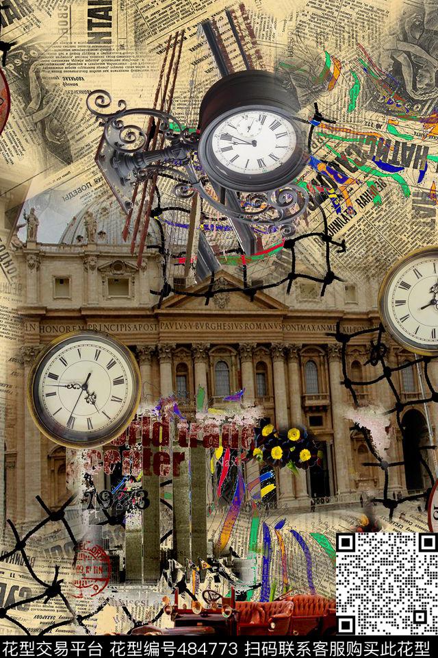欧式建筑钟表车旧报纸数码印花华亿平台下载（图片编号: 484773） - 瓦栏（Walan）