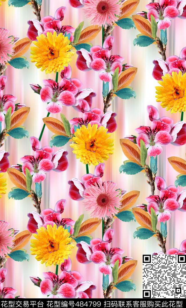 流行时尚欧美手绘花朵数码印花华亿平台下载（图片编号: 484799） - 瓦栏（Walan）