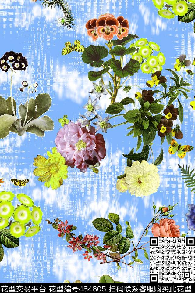 甜美清新花卉蝴蝶肌理底纹数码印花华亿平台下载（图片编号: 484805） - 瓦栏（Walan）