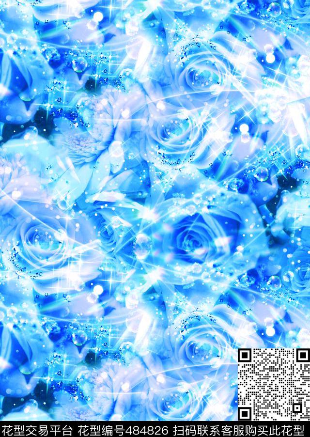 流行时尚欧美手绘炫丽水珠玫瑰数码印花华亿平台下载（图片编号: 484826） - 瓦栏（Walan）