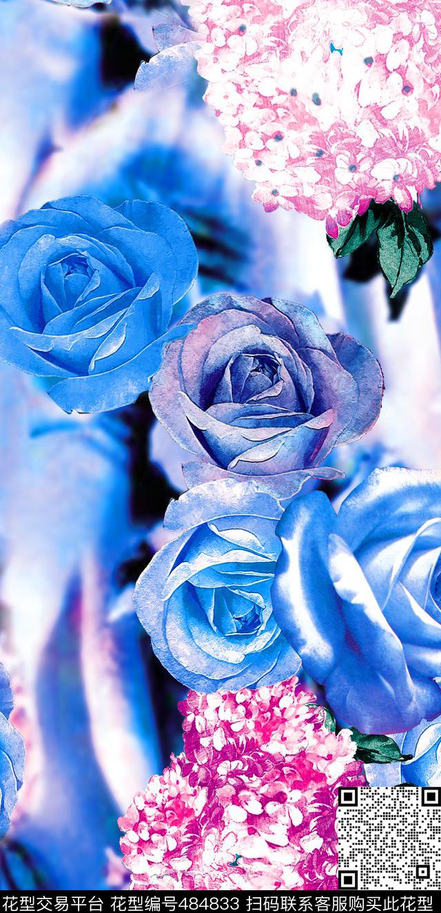 流行时尚手绘幻彩玫瑰欧美数码印花华亿平台下载（图片编号: 484833） - 瓦栏（Walan）