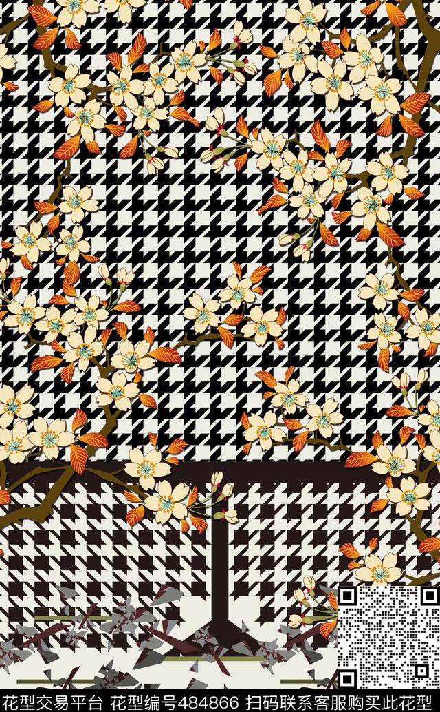 千鸟纹梨花花卉数码印花华亿平台下载（图片编号: 484866） - 瓦栏（Walan）