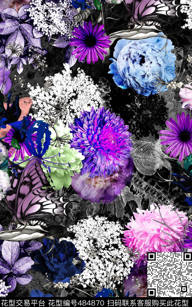 流行时尚抽象花卉大牌女装数码印花华亿平台下载（图片编号: 484870） - 瓦栏（Walan）