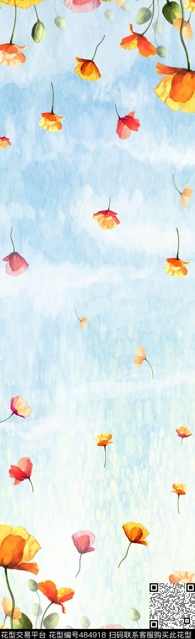 清新水彩花卉长巾数码印花华亿平台下载（图片编号: 484918） - 瓦栏（Walan）