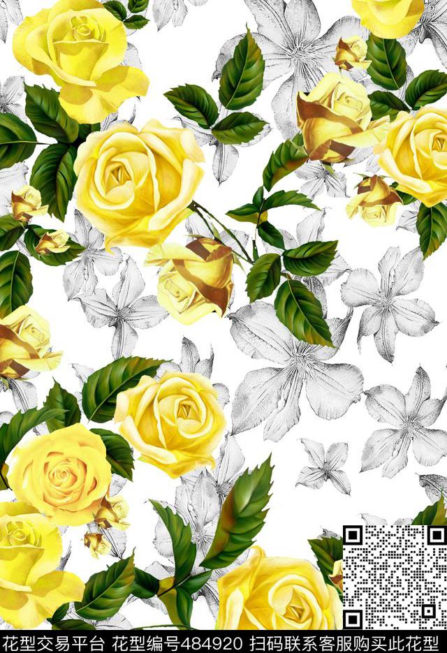 流行时尚欧美手绘玫瑰花数码印花华亿平台下载（图片编号: 484920） - 瓦栏（Walan）