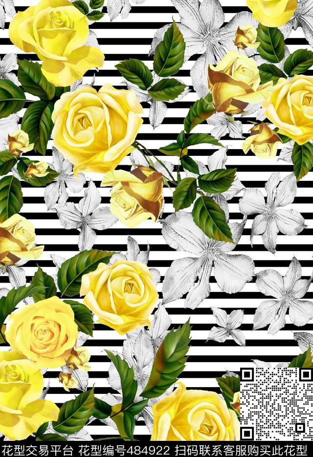 流行时尚复古横纹手绘玫瑰花欧美数码印花华亿平台下载（图片编号: 484922） - 瓦栏（Walan）