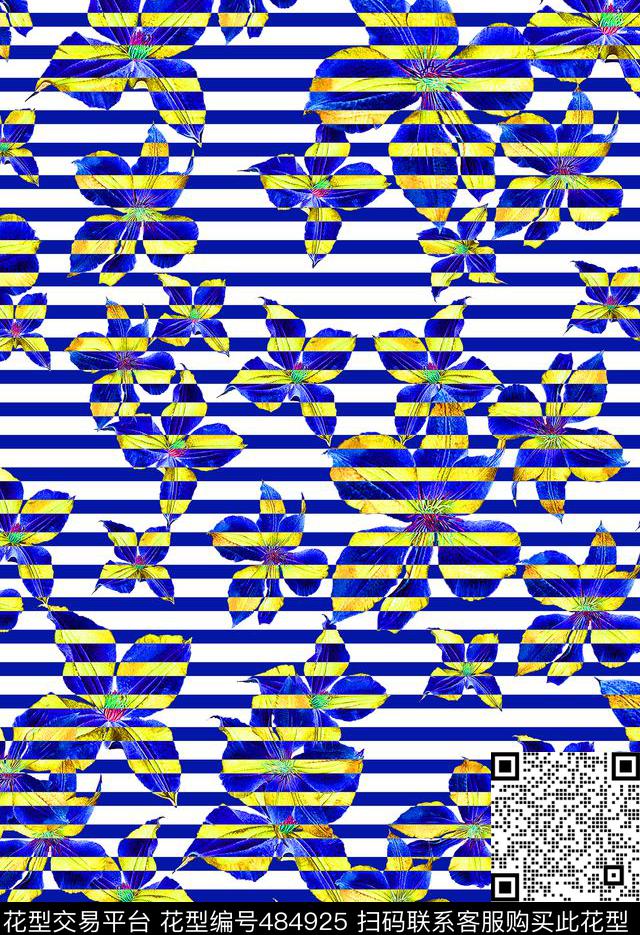 流行时尚手绘横纹花欧美数码印花华亿平台下载（图片编号: 484925） - 瓦栏（Walan）