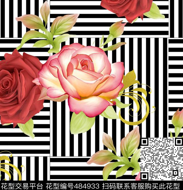 几何线条拼贴手绘花流行时尚欧美数码印花华亿平台下载（图片编号: 484933） - 瓦栏（Walan）