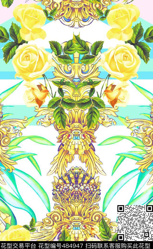 流行时尚手绘几何定位玫瑰欧美数码印花华亿平台下载（图片编号: 484947） - 瓦栏（Walan）