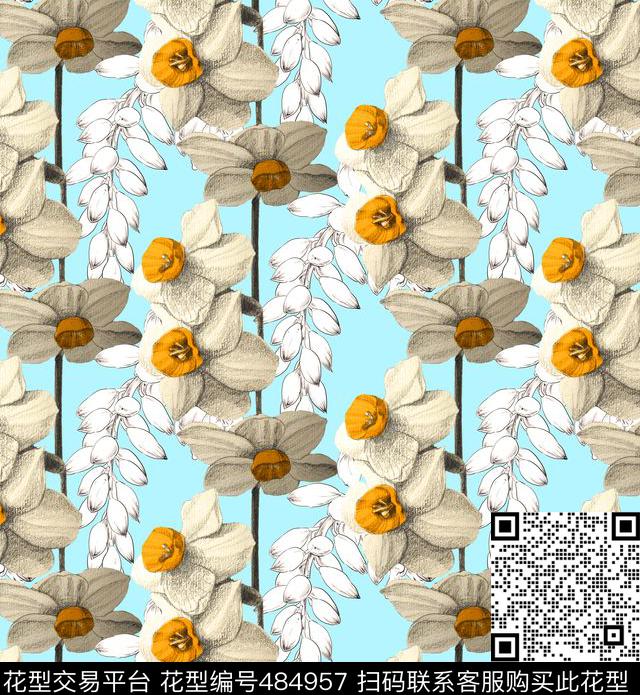 流行时尚铅笔手绘线条花欧美数码印花华亿平台下载（图片编号: 484957） - 瓦栏（Walan）