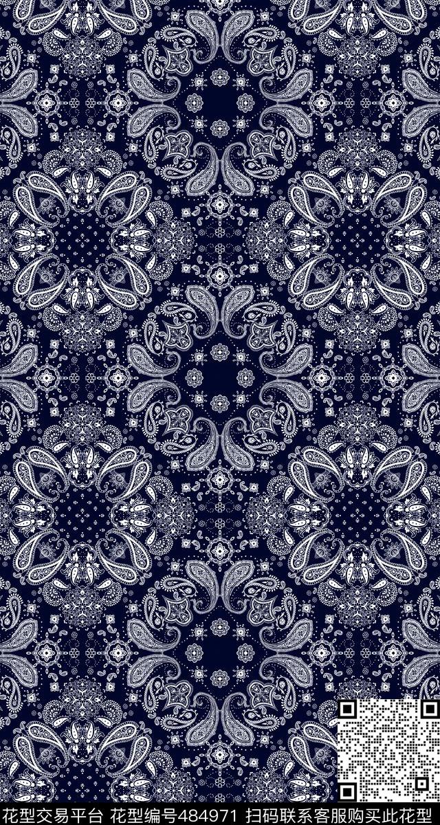 民族蓝底白花几何传统印花华亿平台下载（图片编号: 484971） - 瓦栏（Walan）