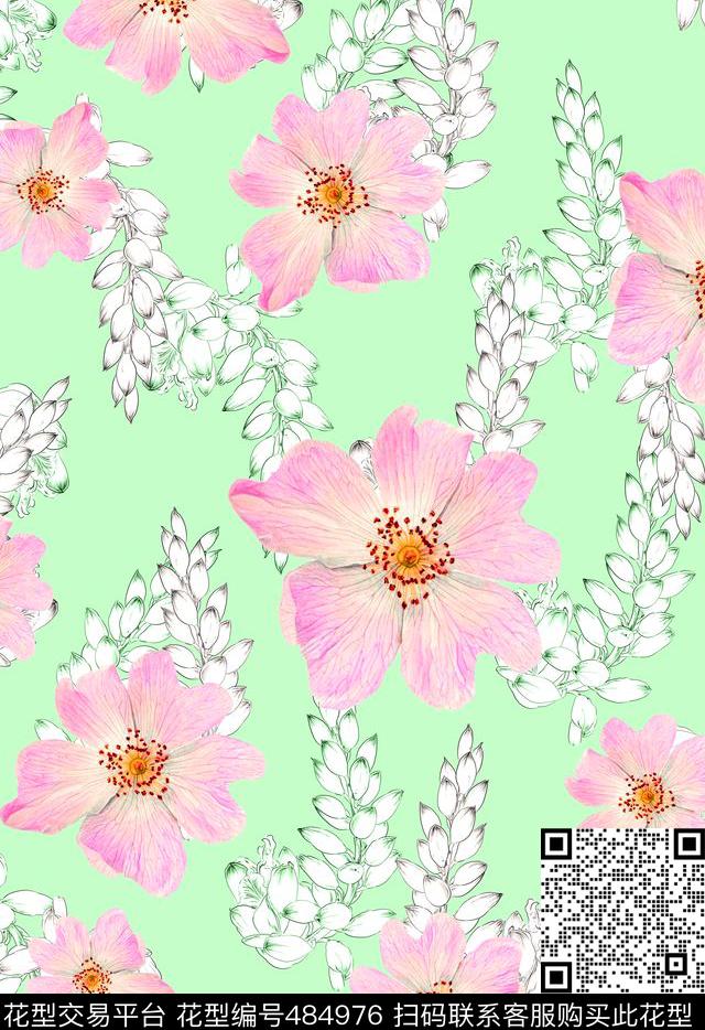 流行时尚欧美手绘简约线条花卉数码印花华亿平台下载（图片编号: 484976） - 瓦栏（Walan）