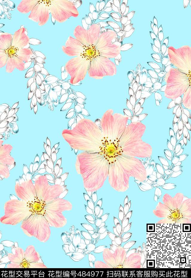 流行时尚手绘简约线条花卉欧美数码印花华亿平台下载（图片编号: 484977） - 瓦栏（Walan）