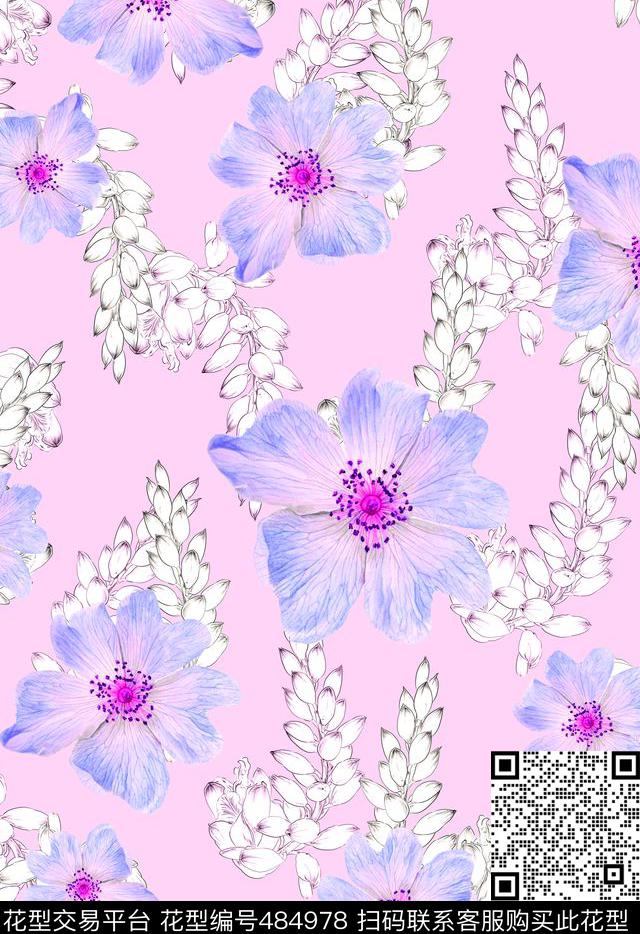 流行时尚手绘简约线条花卉欧美数码印花华亿平台下载（图片编号: 484978） - 瓦栏（Walan）