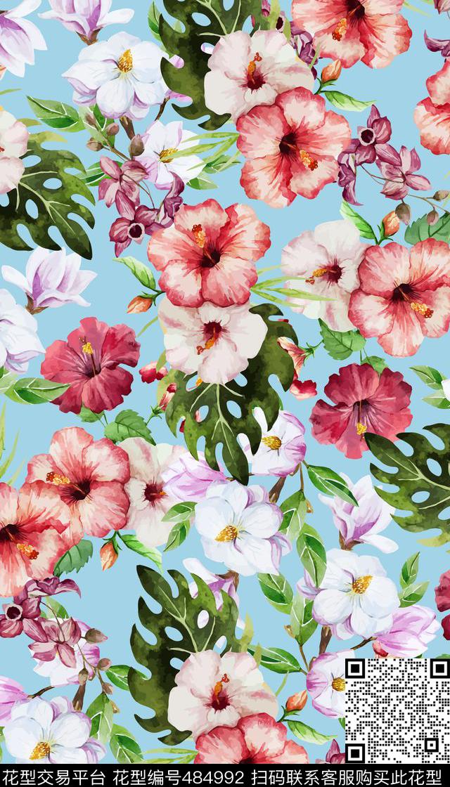 清新花卉龟背竹数码印花华亿平台下载（图片编号: 484992） - 瓦栏（Walan）