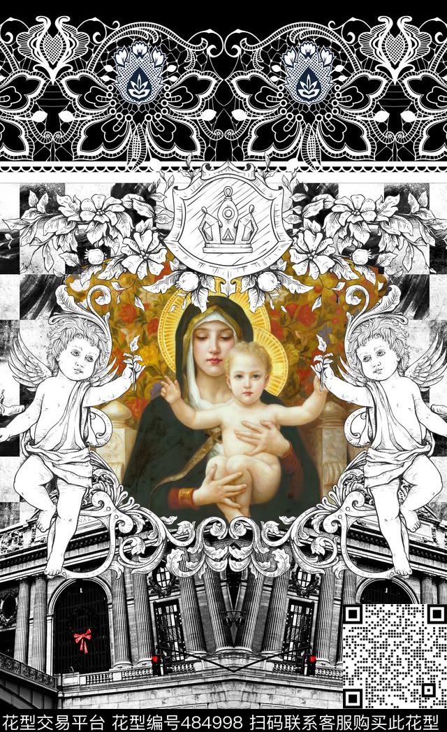 潮流时尚黑白几何欧式宫廷风数码印花华亿平台下载（图片编号: 484998） - 瓦栏（Walan）
