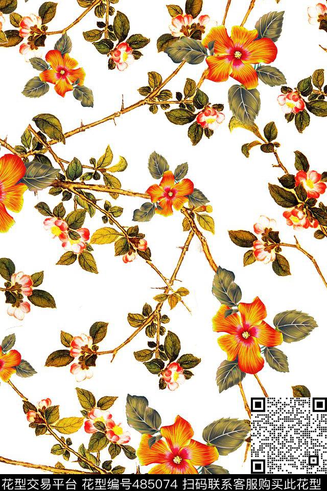 手绘工笔画中国风花卉树枝手绘素雅简约时尚工笔画花卉古典树枝H【抽象】数码印花华亿平台下载（图片编号: 485074） - 瓦栏（Walan）